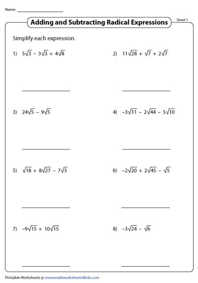 adding and subtracting radicals easy worksheet